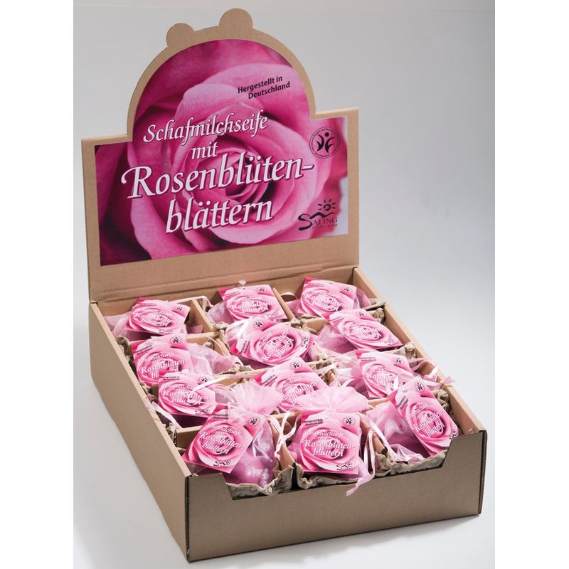 Saling Schafmilchseife Herz Rose pink mit Rosenblütenblättern im Organzasäckchen mit Anhänger - Produktbild