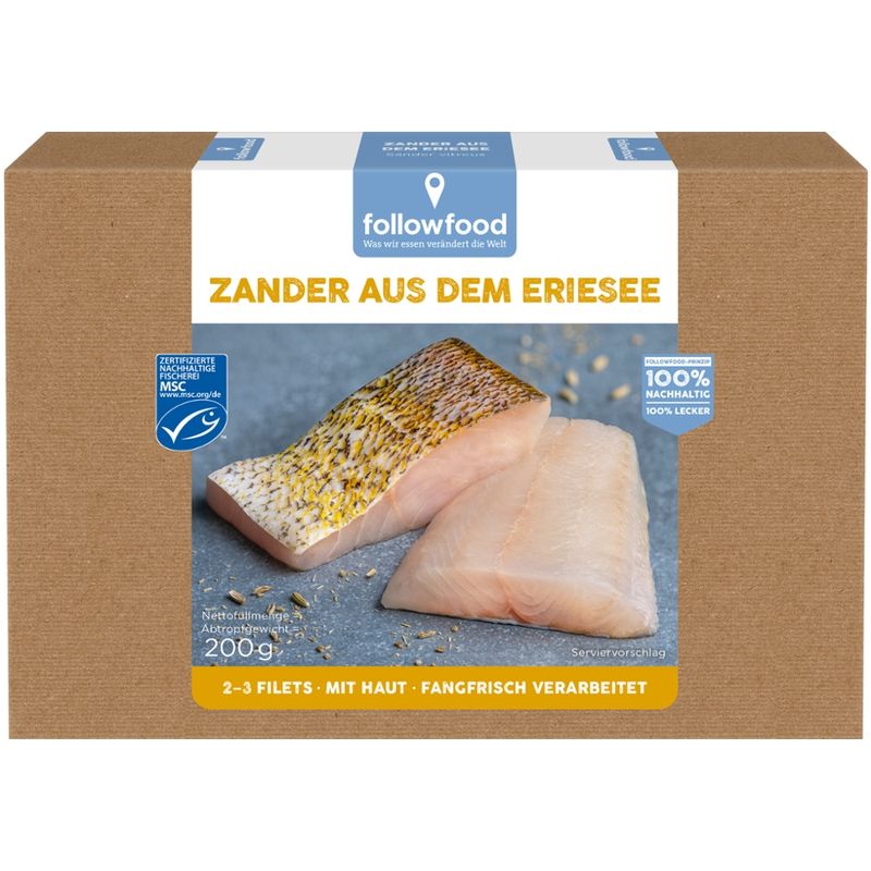 followfood 2–3 Amerikanische Zander Filets, mit Haut, portioniert, tiefgekühlt mit Wasserschutzglasur. Fangfrisch verarbeitet. - Produktbild