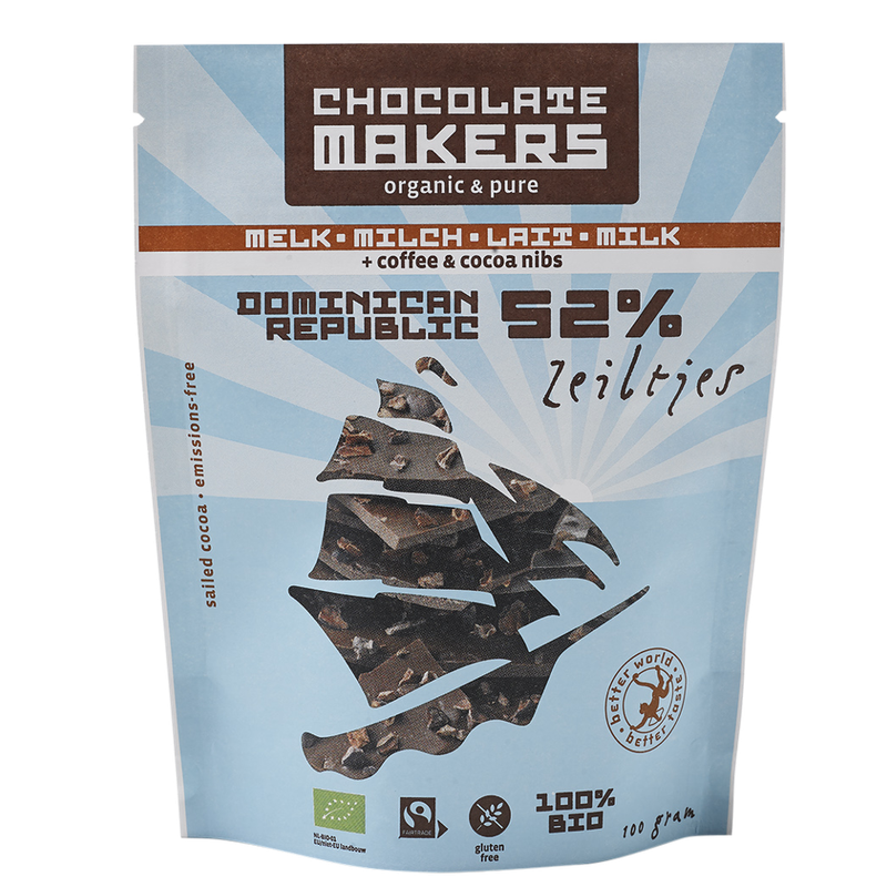 Chocolatemakers Bio Fairtrade Schokosegel dunkle Milch 52% mit Kaffee und Nibs - Produktbild