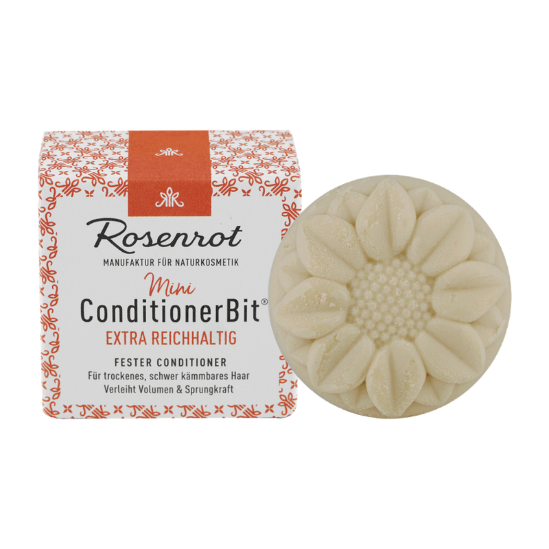 Rosenrot Naturkosmetik fester ConditionerBit® Extra Reichhaltig - 25g - in Schachtel - Die Extraportion Pflege für trockenes und sprödes Haar. Sorgt für weiche, geschmeidige Haare und verbessert die Kämmbarkeit. Kein Build-up-Effekt. Die ideale Ergänzung zum festen ShampooBit. - Produktbild