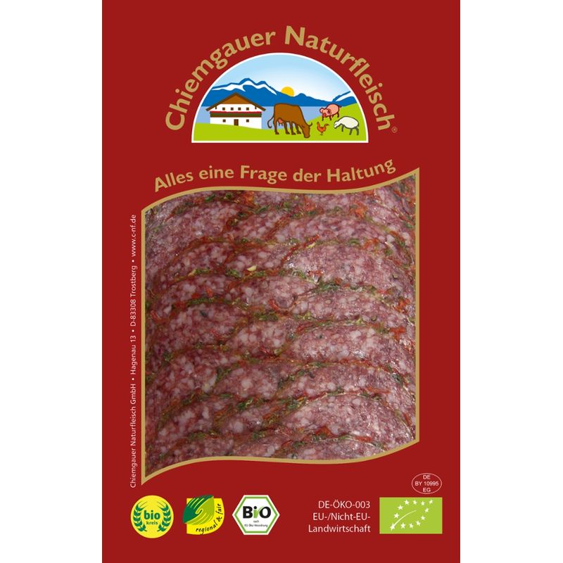 Chiemgauer Naturfleisch Paprikasalami, geschnitten, 65 g, SB, kbA - Produktbild