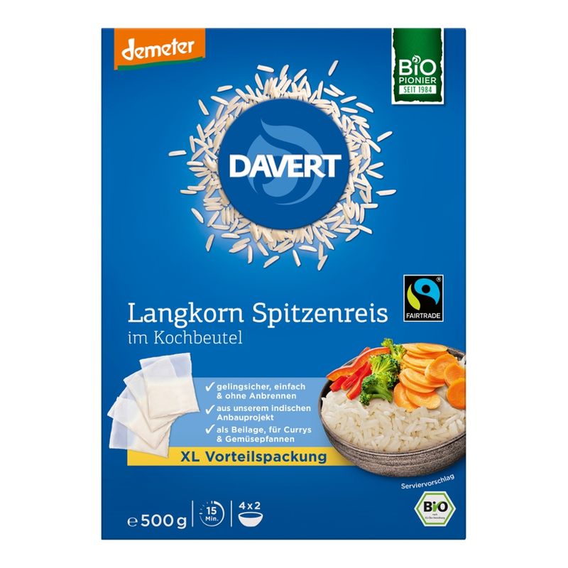 Davert demeter Langkorn Spitzenreis im Kochbeutel Fairtrade 500g - Produktbild