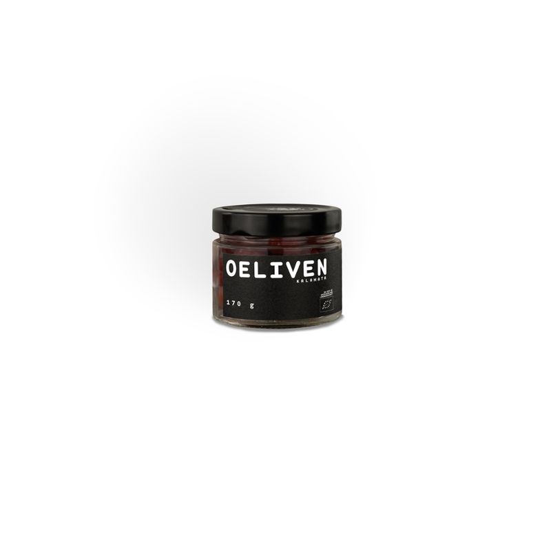 OEL  OELIVEN - biozertifizierte Kalamata-Oliven ( 100% ). Veredelt mit nativem sortenreinem selbsterzeugtem biozertifiziertem Koroneiki-Olivenöl extra, Meersalz, Essig und Oregano. - Produktbild