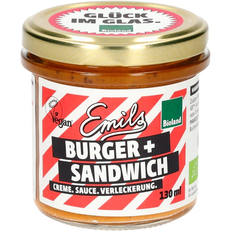 Emils Biomanufaktur Emils Burger- und Sandwichcreme. Sauce. Verleckerung. Bioland, rein pflanzlich 130 ml, vegan und glutenfrei. Ohne Zusatzstoffe. - Produktbild