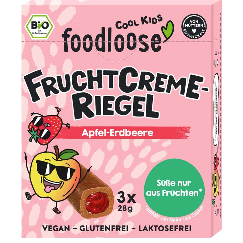 foodloose COOL KIDS Bio-Fruchtcreme-Riegel Apfel-Erdbeere (3er Pack), vegan, glutenfrei, laktosefrei - Produktbild