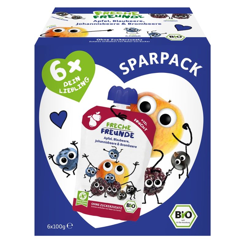 Freche Freunde FF Bio Quetschie 6er Sparpack Apfel, Blaubeere, Johannisbeere & Brombeere 6x100g - Produktbild