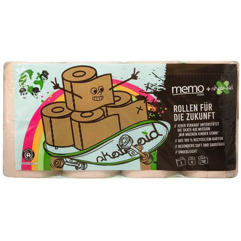 memo memo Toilettenpapier "skate-aid" 3-lagig aus Kartonage (150 Blatt), 7 x 8 Rollen - Produktbild