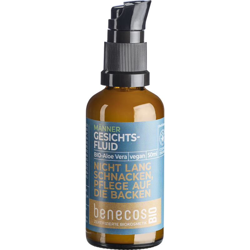 benecos benecosBIO Männer Gesichtsfluid BIO-Aloe Vera & Hyaluronsäure - NICHT LANG SCHNACKEN, PFLEGE AUF DIE BACKEN - Produktbild