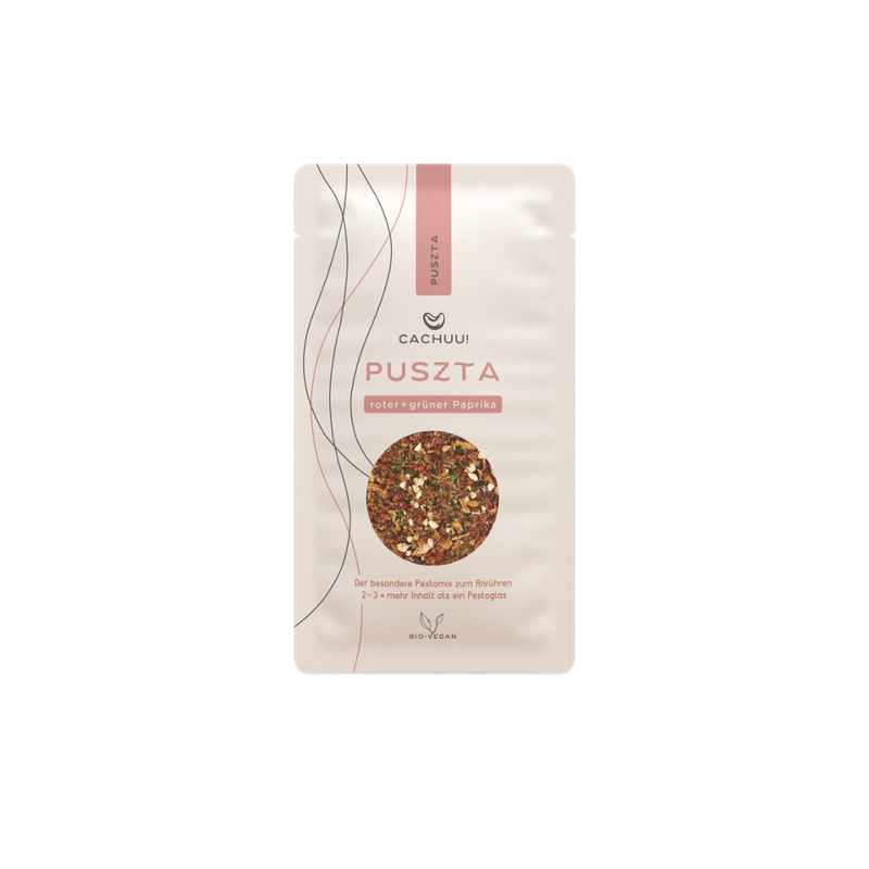 Cachuu! Cachuu! Cashew-Pesto Puszta, Nachfüllbeutel, 25g, Trockenmischung zum selber Anrühren mit Wasser und Öl, ergibt die 2-3fache Menge, als Pesto, Dip, Marinade, Aufstrich oder Topping - Produktbild