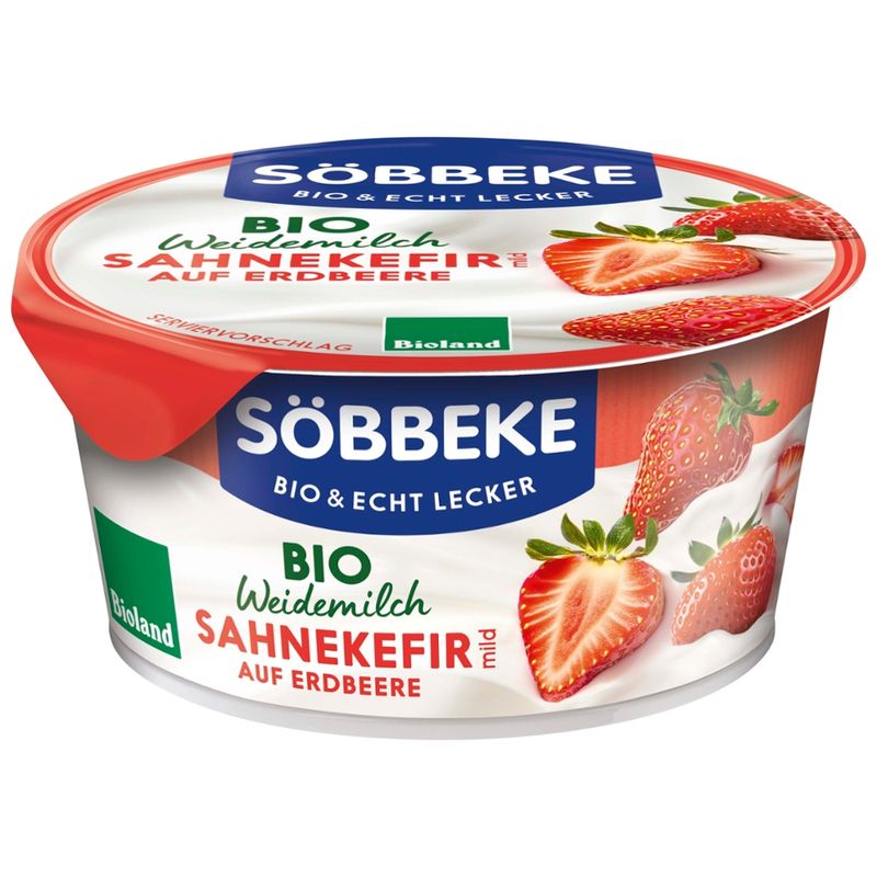 Söbbeke Bio Weidemilch Sahnekefir mild auf Erdbeere 10 % Fett 150g Becher - Produktbild