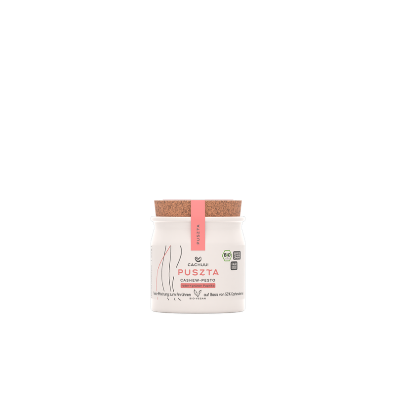 Cachuu! Cachuu! Cashew-Pesto Tennessee, Keramiktopf, 55g, Trockenmischung zum selber Anrühren mit Wasser und Öl, ergibt die 2-3fache Menge, als Pesto, Dip, Marinade, Aufstrich oder Topping - Produktbild