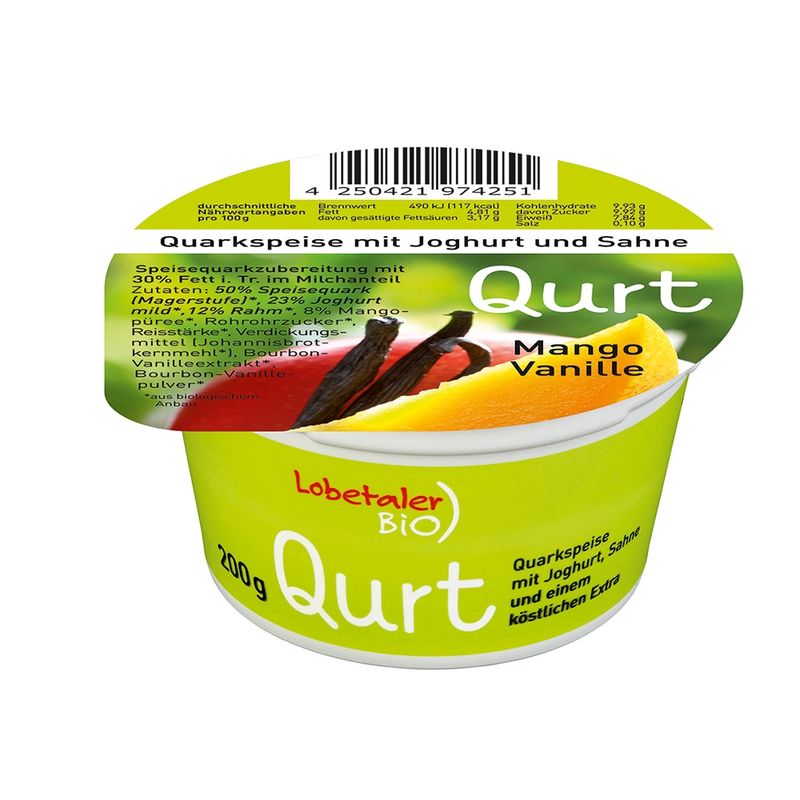 Lobetaler Bio Quarkspeise mit Joghurt +Sahne Mango-Vanille - Produktbild