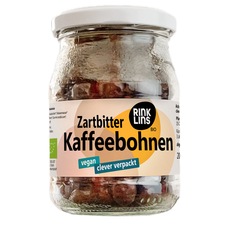 RINKLINS BIO Zartbitter Kaffeebohnen clever verpackt im Pfandglas - Produktbild