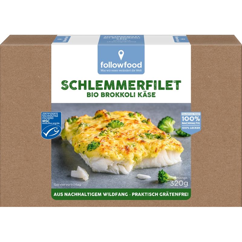 followfood Schlemmerfilet Bio-Brokkoli-Käse, Alaska-Seelachs-Filet, praktisch grätenfrei, aus Blöcken geschnitten mit einer feinen Auflage aus Bio-Brokkoli und Bio-Edamer-Käse, tiefgekühlt. - Produktbild