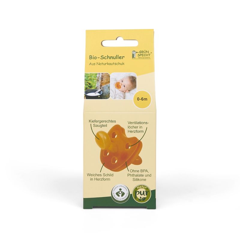 GRÜNSPECHT Naturprodukte GRÜNSPECHT Bio-Schnuller, Naturkautschuk, 0-6 M, Kiefergerechtes Saugteil, Weiches Schild in Herzform, Ohne BPA und Phthalate, Entspricht der DIN EN 1400 - Produktbild