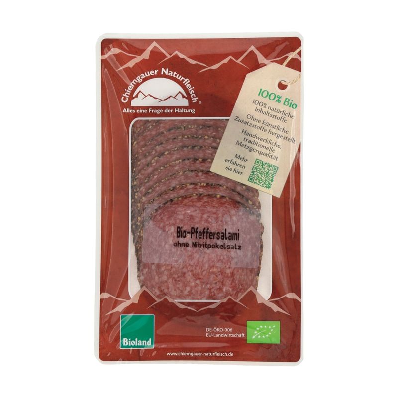 Chiemgauer Naturfleisch Pfeffersalami, geschnitten, 60 g, SB, kbA - Produktbild