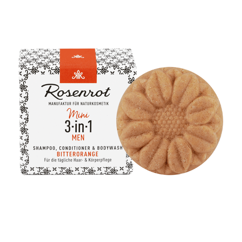 Rosenrot Naturkosmetik Mini ShampooBit® MEN 3-in-1 Bitterorange - 30g - in Schachtel - Mit sanftreinigender Heilkreide, pflegendem Bio-Arganöl und fruchtig-herbem Duft. - Produktbild
