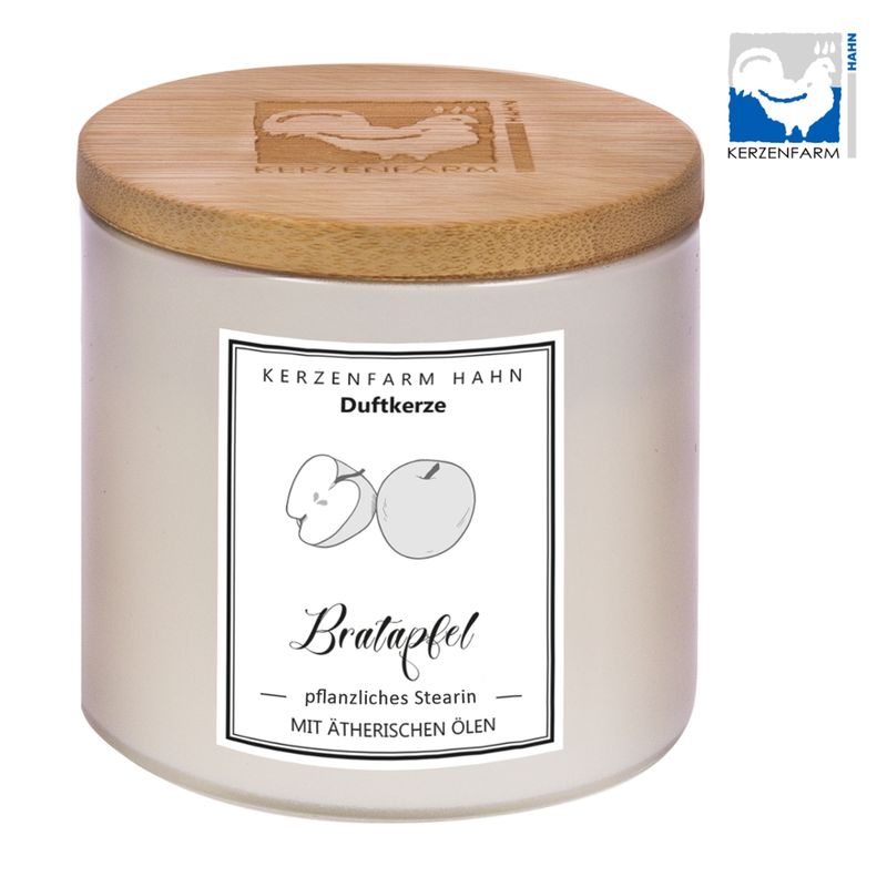 Kerzenfarm Hahn Duftkerze im Trendglas mit Holzdeckel , elfenbein, mit Stearin befüllt, Bratapfel - Produktbild
