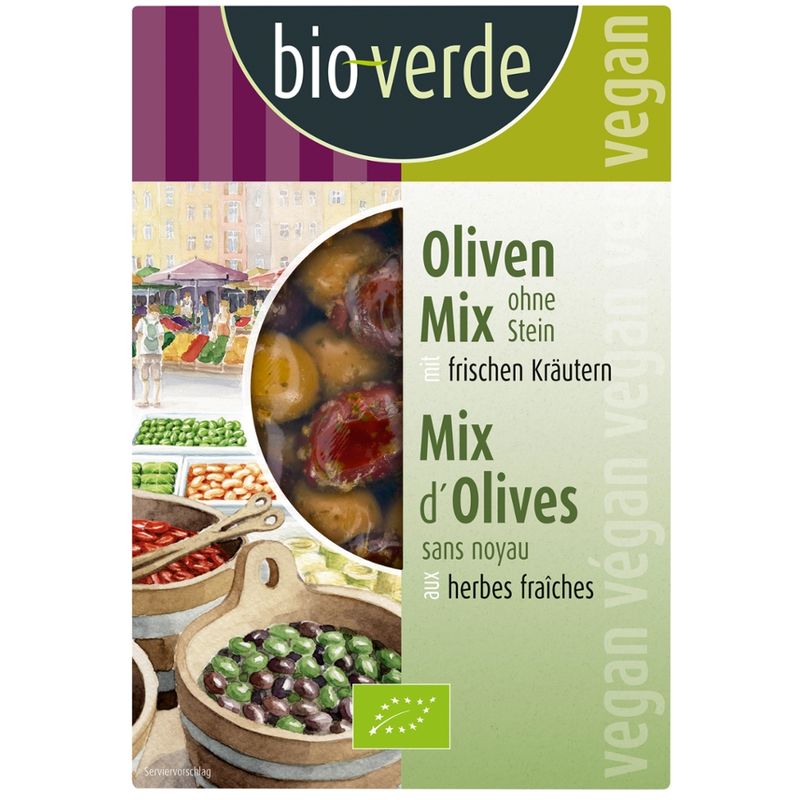 bio-verde Oliven-Mix ohne Stein mariniert mit frischen Kräutern 150 g - Produktbild