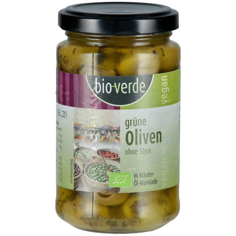bio-verde Grüne Oliven ohne Stein mit frischen Kräutern in Öl-Marinade 200 g - Produktbild
