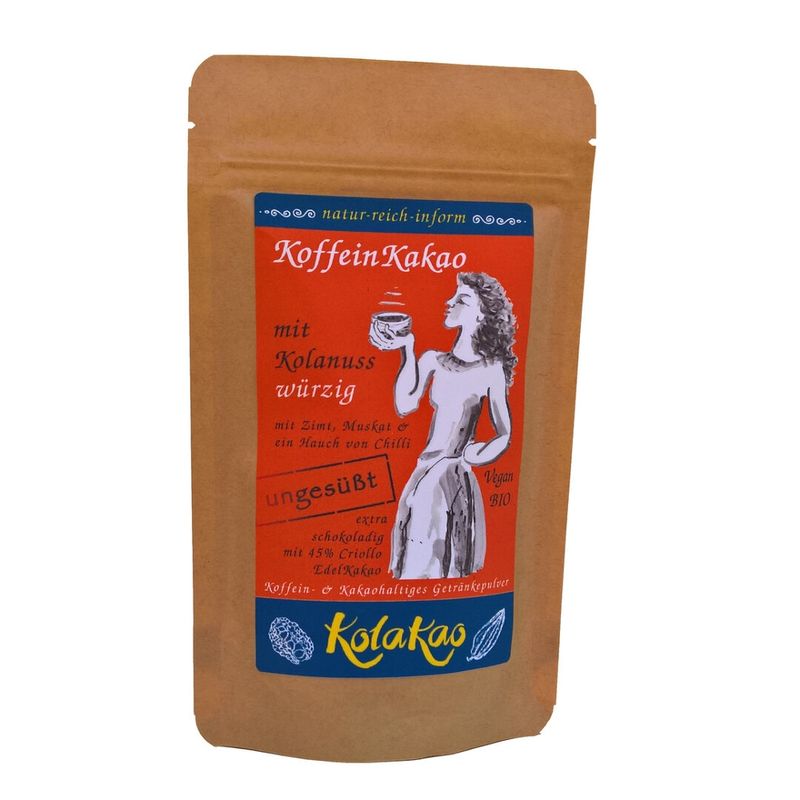 KolaKao KolaKao würzig ungesüßt - der KoffeinKakao mit 47% Kolanuss als Koffeinquelle, extra schokoladig mit 45% edlem peruanischem Kakao (schwach entölt), gewürzt mit Zimt, Chilli und Muskat. Das Getränkepulver ist Vegan, Kakao und Kolanuss sind Fair gehandelt. - Produktbild