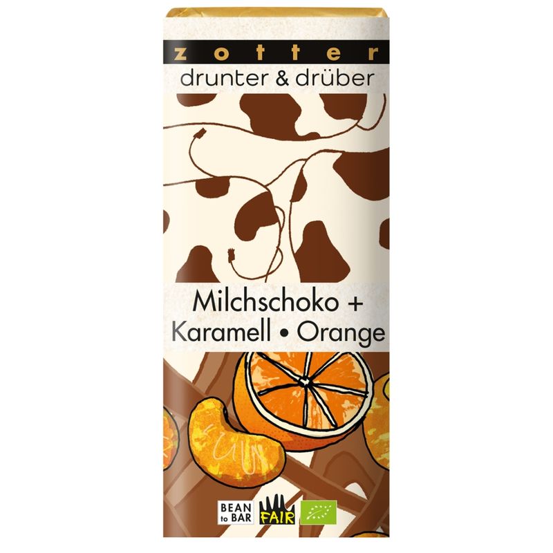 Zotter Schokolade drunter & drüber Milchschoko + Karamell · Orange - Produktbild