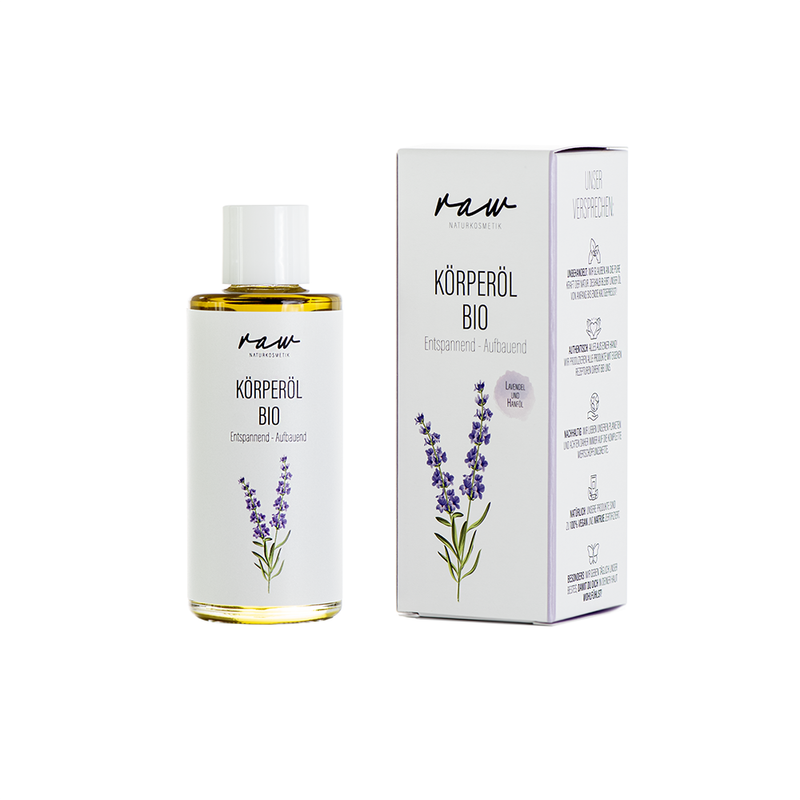 raw Naturkosmetik Körperöl Entspannend und Aufbauend mit Lavendel sowie kaltgepresstem Bio Hanföl, ideal bei gestresster, stark beanspruchter Haut. Das Bio Öl dringt tief in die Haut ein, pflegt sie intensiv und kann Dehnungsstreifen entgegenwirken. - Produktbild