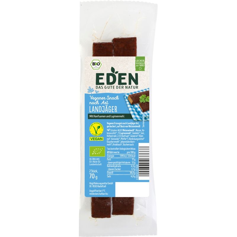 EDEN Veganer Snack nach Art Landjäger, bio - Mit Hanfsamen und Lupinenmehl - Produktbild