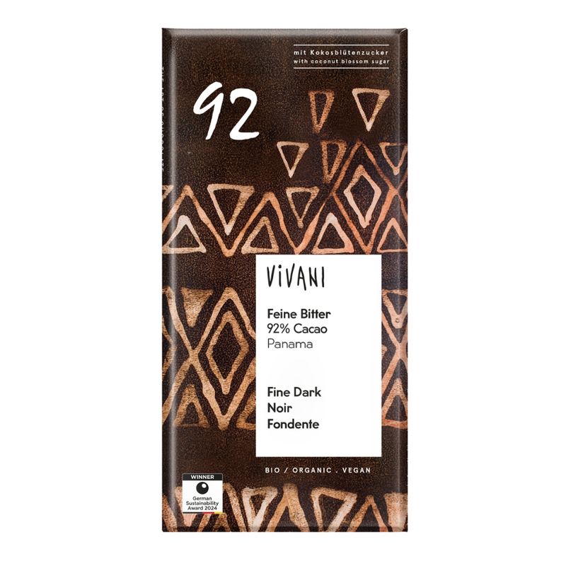Vivani Feine Bitter Schokolade 92 % Cacao Panama mit Kokosblütenzucker - Produktbild