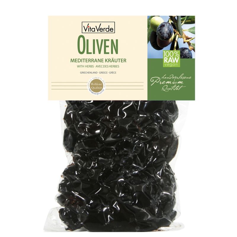 Vita Verde Schwarze, reife Oliven, von Hand selektiert, luftgetrocknet, ohne zusätzliche Flüssigkeit und mit ausgewählten Kräutern veredelt. 100 % Rohkostqualität. - Produktbild