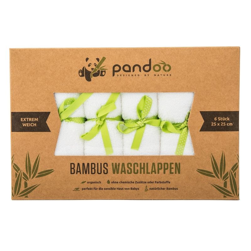 pandoo pandoo Bambus Waschlappen sind zu 100% aus Bambusviskose und eignen sich durch ihre Eigenschaften (hypoallergen, antibakteriell) insbesondere für empfindliche Baby Haut sowie für Erwachsene und deren täglichen Gebrauch - Produktbild