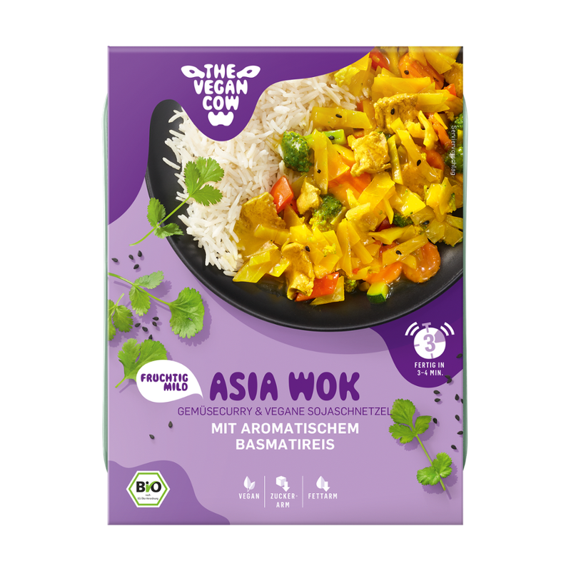 THE VEGAN COW Asia Wok Gemüse Curry & vegane Sojaschnetzel mit aromatischem Basmatireis - Produktbild