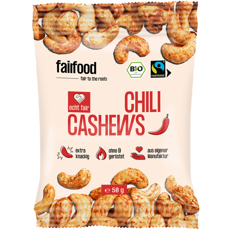 fairfood Freiburg Faire Cashews mit Chili geröstet (50g Snackbag) - Produktbild