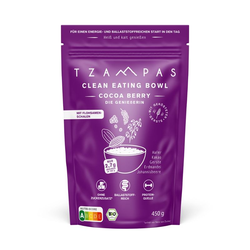 TZAMPAS TZAMPAS Clean Eating Cocoa Berry - Die Genießerin, 450g - Mit gerösteter Gerste, Flohsamenschalen und Erdmandelmehl - Produktbild