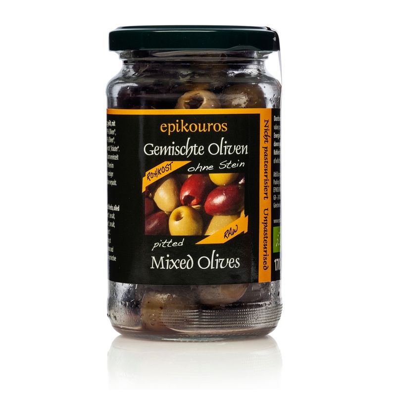 EPIKOUROS Gemischte Oliven grün und Kalamata entsteint, mit Kräutern und geölt, Rohkost, nicht kühlpflichtig - Produktbild