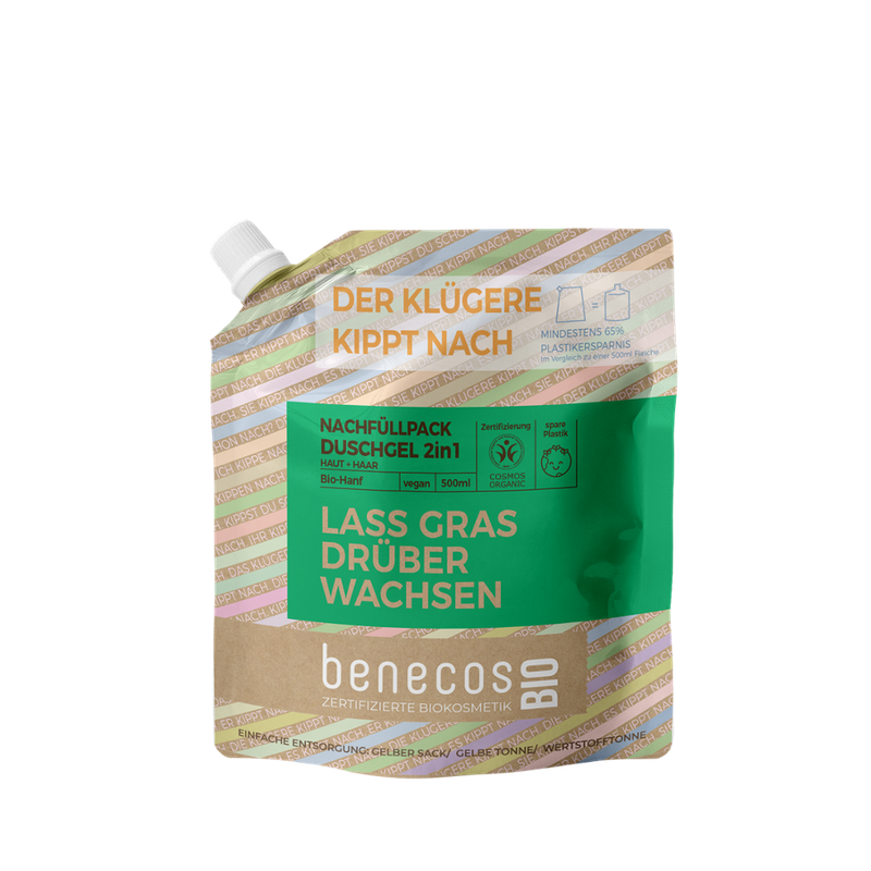 benecos benecosBIO Nachfüllbeutel 500ml Duschgel 2in1 BIO-Hanf Haut & Haar - LASS GRAS DRÜBER WACHSEN - Produktbild