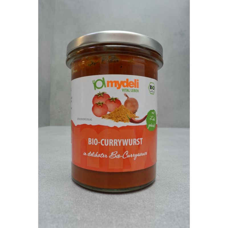 mydeli BIO Currywurst (Pikante Currywurstsauce mit gegrillter Wurst aus Schweine- und Kalbsfleisch) - Produktbild