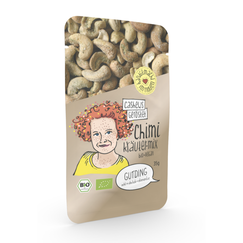 GUTDING Chimi - geröstete Bio-Cashews Kräutermix im Pfandglas, ohne Zuckerzusatz, glutenfrei & vegan, im PP-Tütchen - Produktbild
