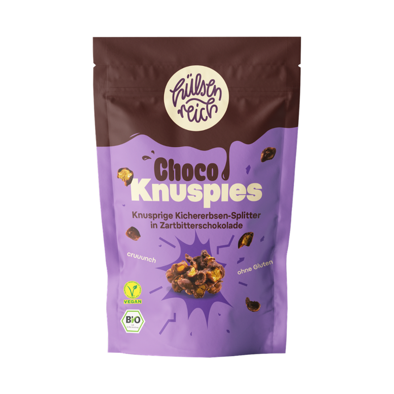 Hülsenreich Choco Knuspies - Knusprige Kichererbsen-Splitter in Zartbitterschokolade - Produktbild