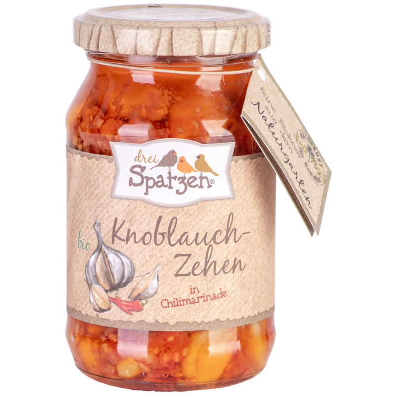 Drei Spatzen  Knoblauchzehen in Chilimarinade - Produktbild