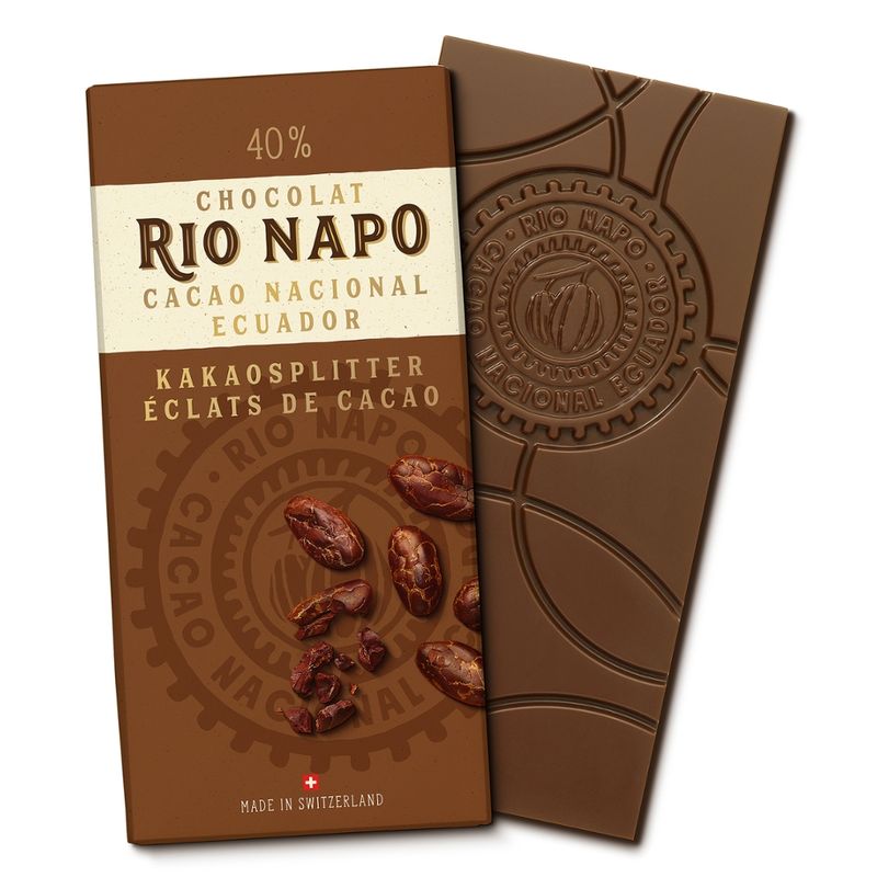 Rio Napo Grand Cru Waldschokolade Rio Napo Grand Cru Waldschokolade 40% mit gerösteten Kakaosplittern, Tafel - Produktbild