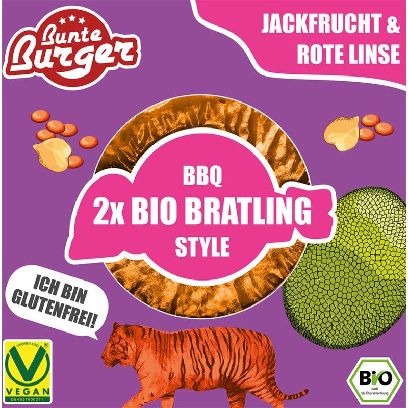 Bunte Burger Bratling BBQ Style Vegan 2x90g - Gemüse Bratling mit Rote Linse, Jackfrucht & Kichererbse - Produktbild