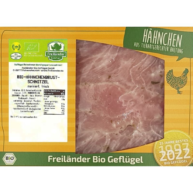 Freiländer Bio Geflügel Hähnchenbrustschnitzel, mariniert JOGHURT - KNOBLAUCH, frisch, 380 g, vac., Bio, 3er Gebinde - Produktbild