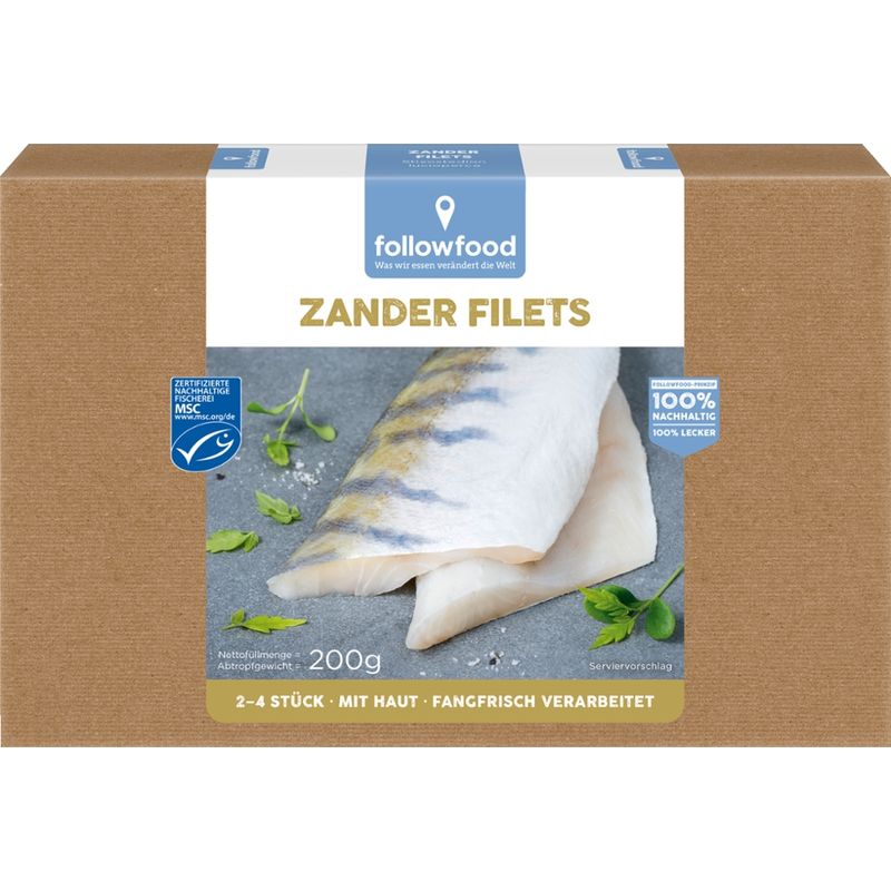 followfood 2–4 Zander Filets, mit Haut, praktisch grätenfrei, portioniert, tiefgekühlt mit Wasserschutzglasur. Fangfrisch verarbeitet. - Produktbild