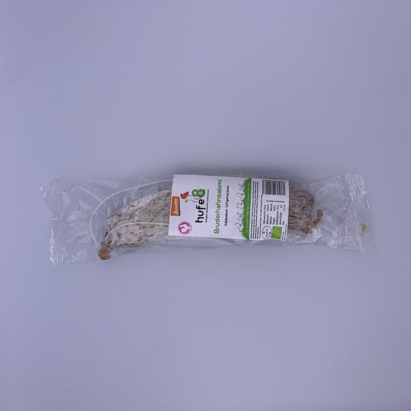 hufe8 hufe8 demeter Bruderhahn Salami, luftgetrocknet, aus Bio-Junghahnkeulenfleisch - Produktbild