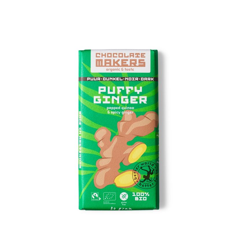 Chocolatemakers Bio Fairtrade Puffy Ginger - dunkle Schokolade mit gepuffter Quinoa und Ingwer - Produktbild