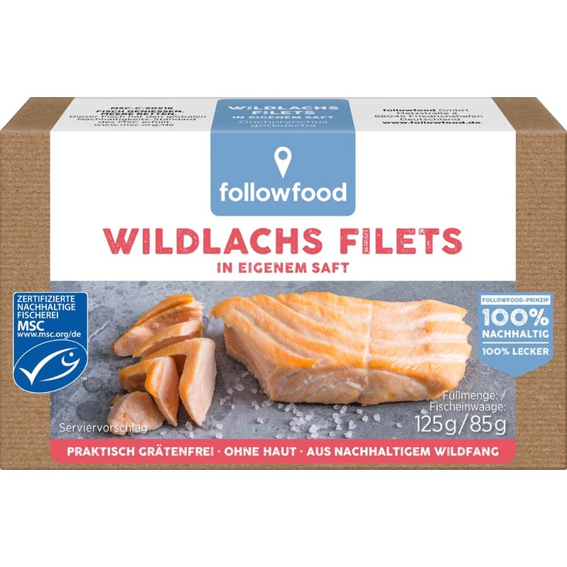 followfood MSC Wildlachs Filets in eigenem Saft, praktisch grätenfrei, ohne Haut, aus nachhaltigem Wildfang. - Produktbild