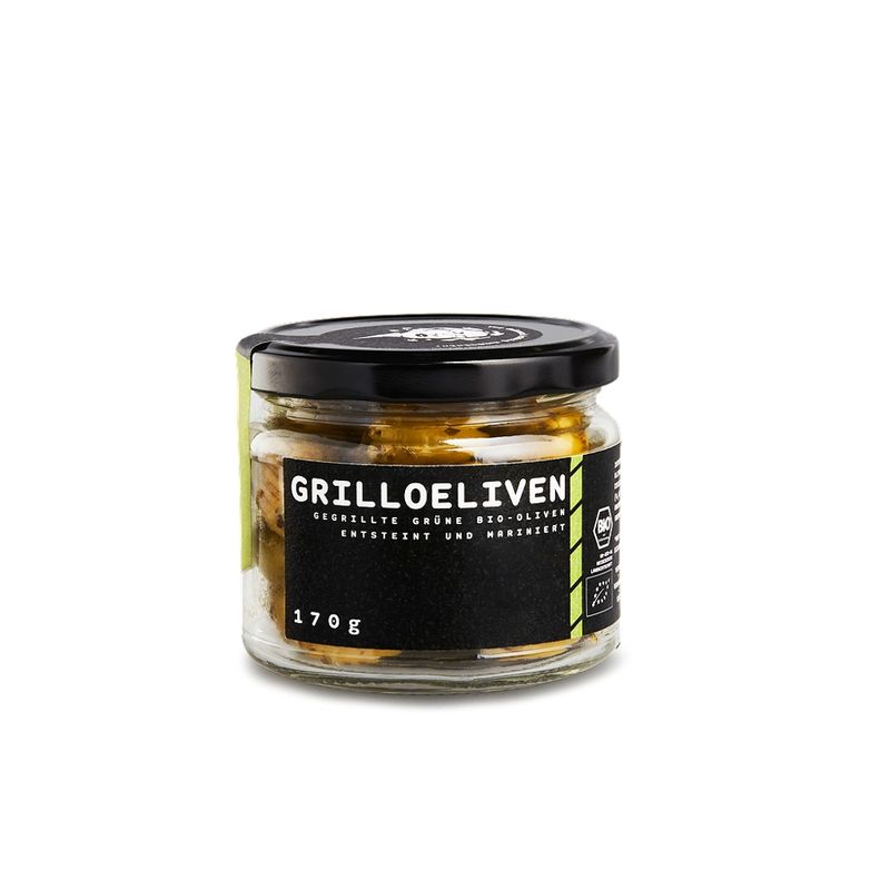 OEL  GRILLOELIVEN - gegrillte biozertifizierte Chalkidiki-Oliven ( 95% ). Veredelt mit nativem Olivenöl , Meersalz, Essig, Knoblauch, Bukovo, Thymina, Rosmarin, Basilikum, Oregano - Produktbild