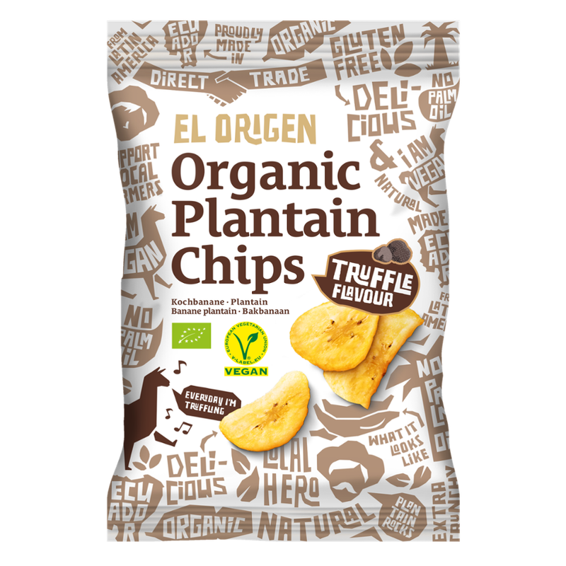 el origen el origen Bio Kochbananen Chips mit Trüffel-Geschmack, 80 g – aus direct trade, bio-zertifiziert, vegan, ohne Palmöl, glutenfrei, ohne Zusätze. - Produktbild