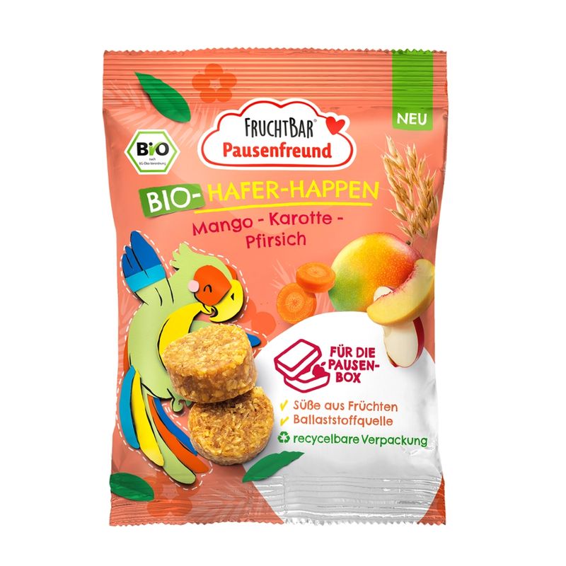 FruchtBar Pausenfreund  FruchtBar Pausenfreund – Bio-Hafer-Happen Mango, Karotte, Pfirsich - Produktbild